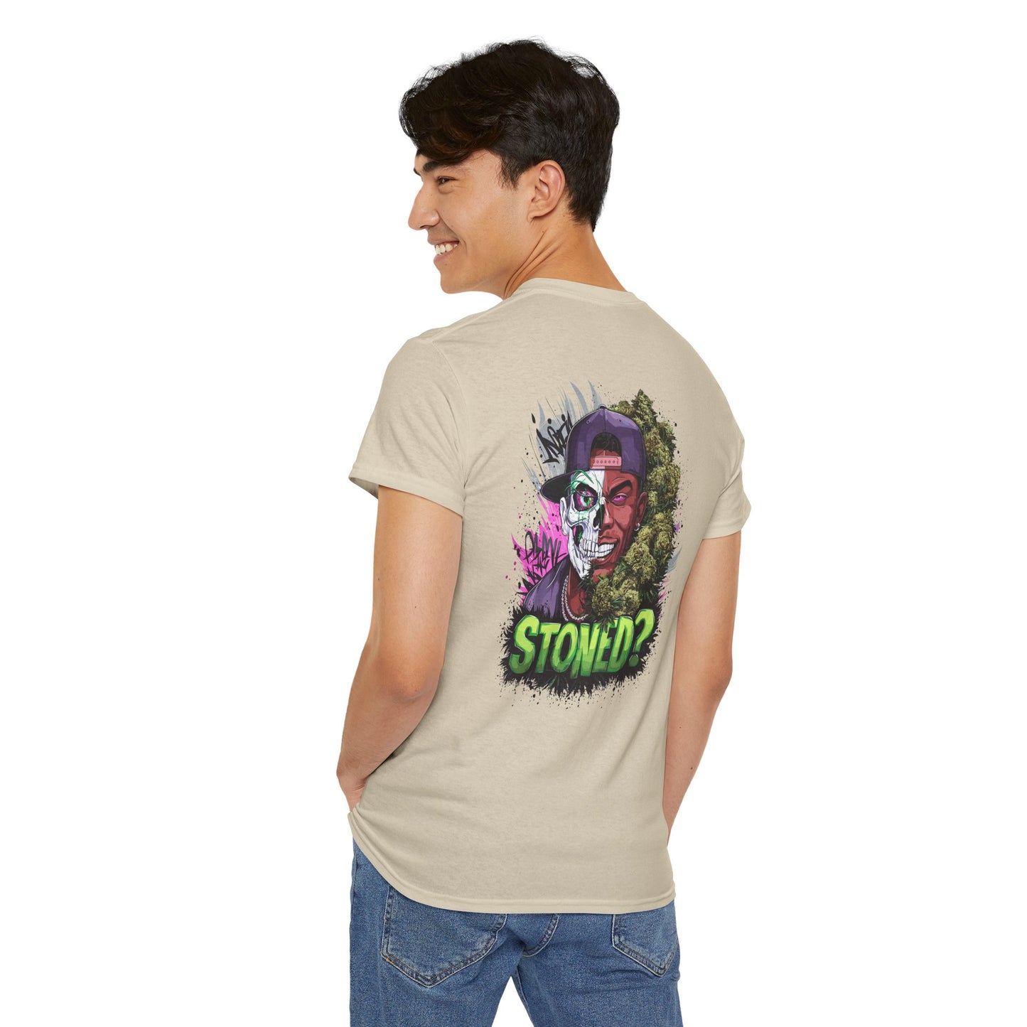 T-Shirt — 'Stoned?' Skull Face Graphic Tee for Cannabis Lovers