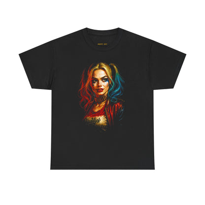 Harlequin Femme Tee — Colorful Harley Quinn Portrait T-Shirt