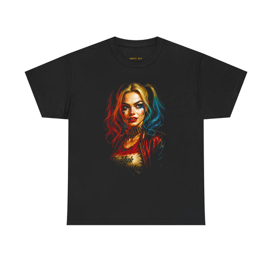 Harlequin Femme Tee — Colorful Harley Quinn Portrait T-Shirt