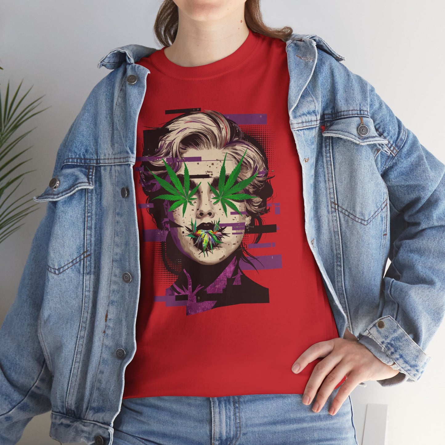 Vintage Portrait Tee — Glitch Art Face with Cannabis Leaf Mask