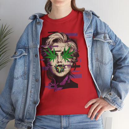 Vintage Portrait Tee — Glitch Art Face with Cannabis Leaf Mask
