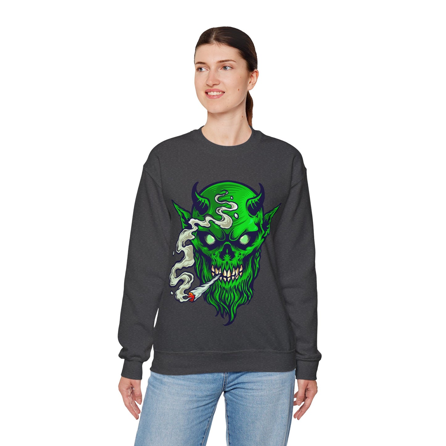 Smoking Green Demon Skull Sweatshirt — Creepy Stoner Graphic