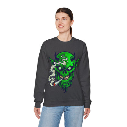 Smoking Green Demon Skull Sweatshirt — Creepy Stoner Graphic