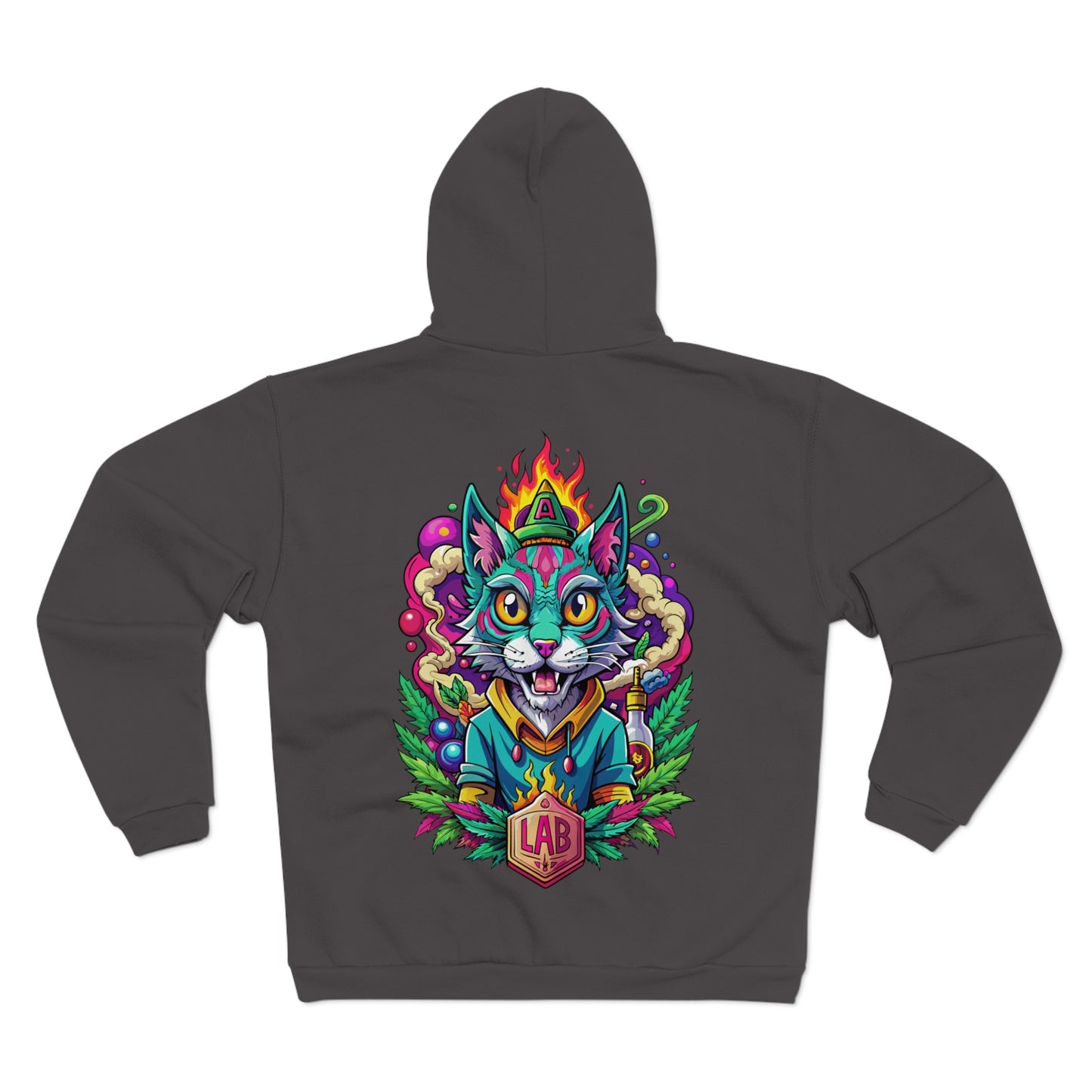 Psychedelic Flame Cat Graphic Zip Hoodie — Colorful Trippy Cat Design