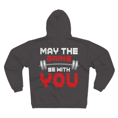 Fitness Motivation Unisex Hooded Zip Sweatshirt - 'May The Gains Be With You'