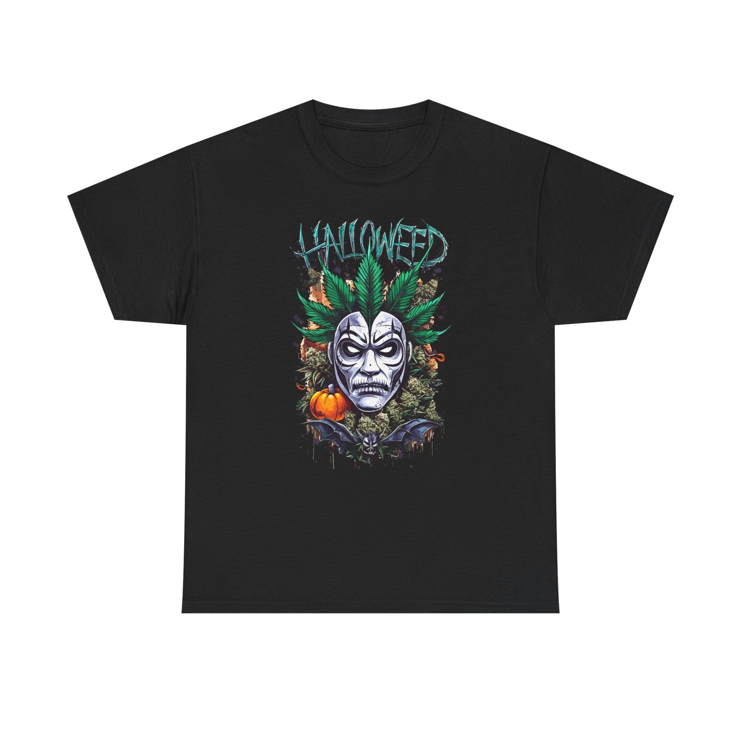 Hallowed Harvest Tee — Halloween Mask & Pumpkin Graphic T-Shirt