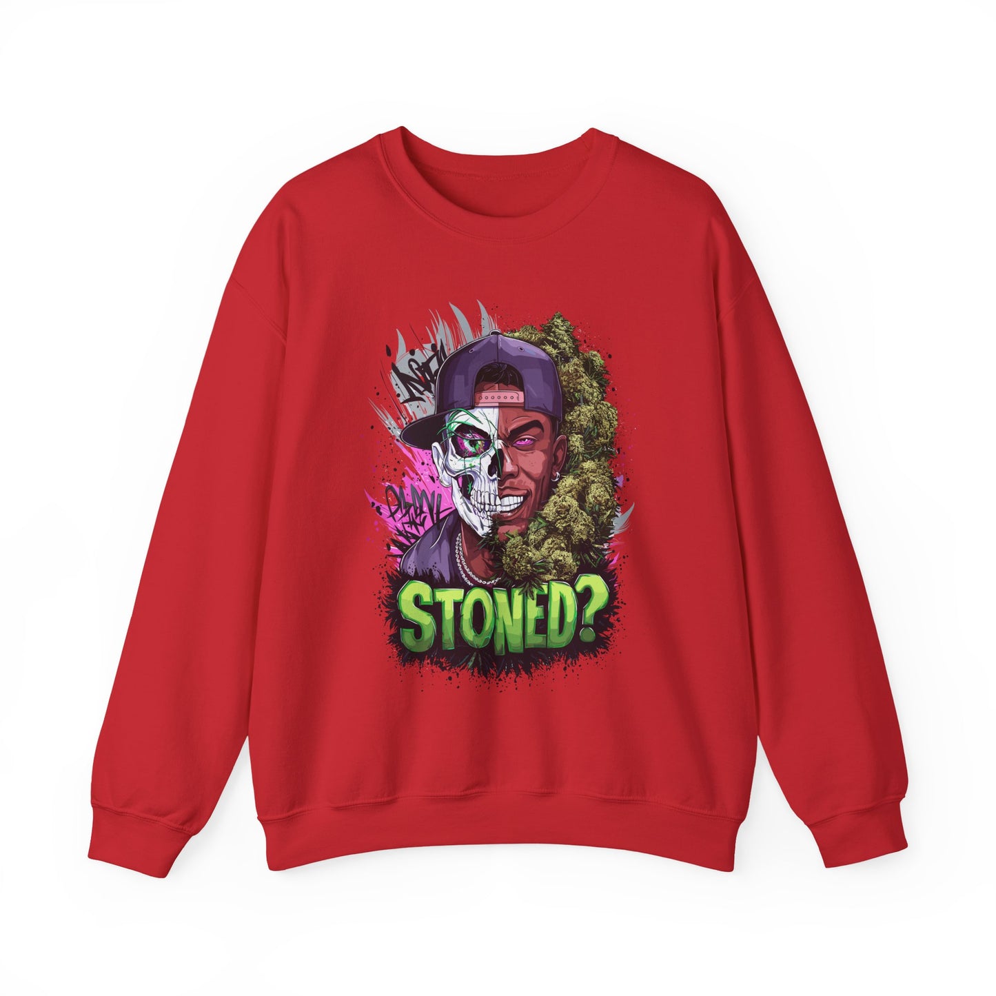 Sweatshirt— 'Stoned?' Skull Face Graphic for Cannabis Lovers