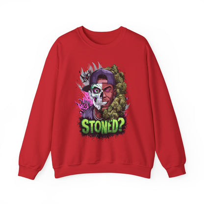Sweatshirt— 'Stoned?' Skull Face Graphic for Cannabis Lovers