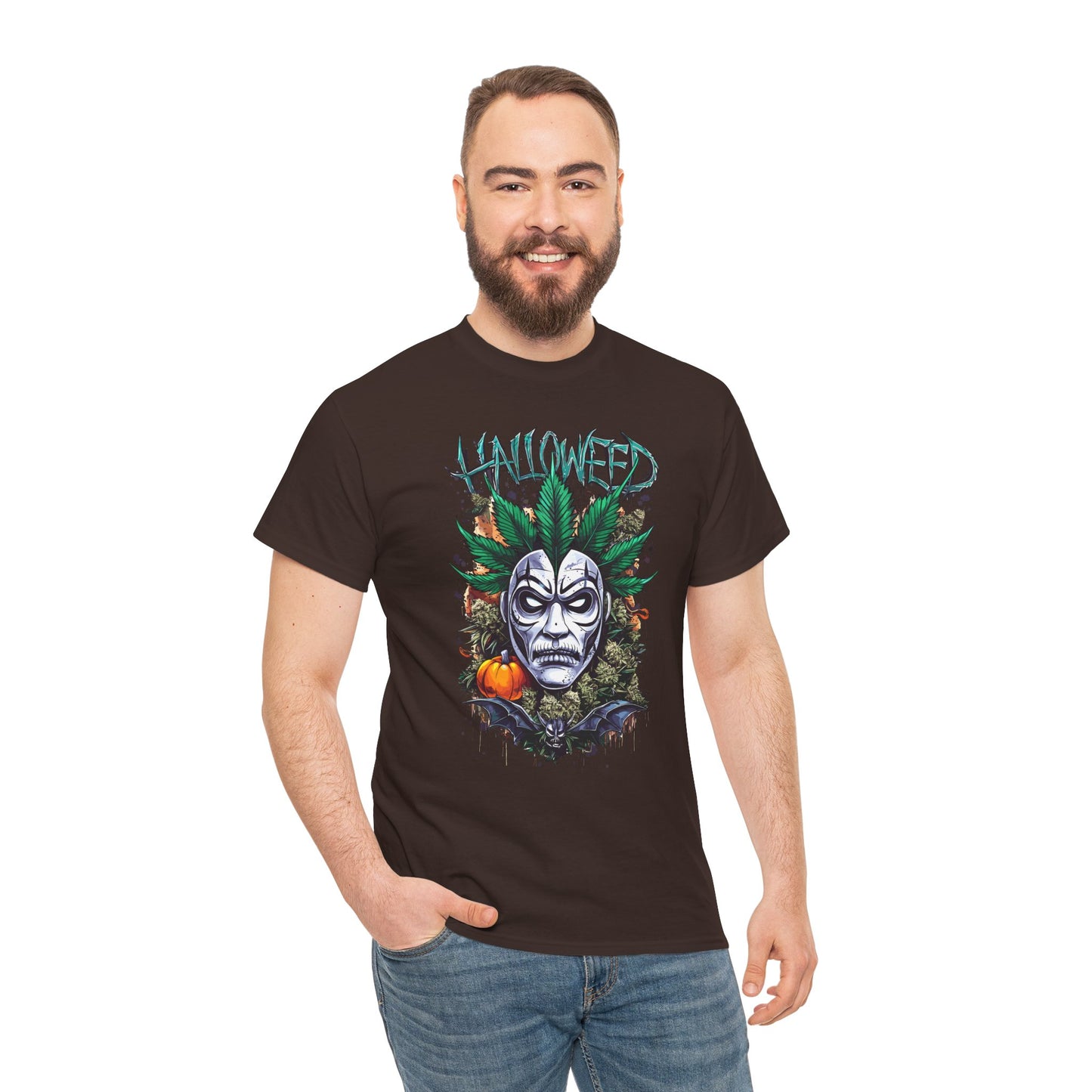Hallowed Harvest Tee — Halloween Mask & Pumpkin Graphic T-Shirt