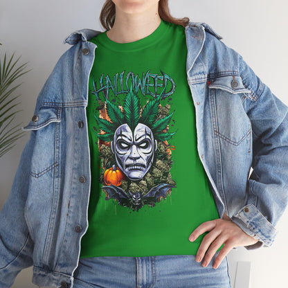 Hallowed Harvest Tee — Halloween Mask & Pumpkin Graphic T-Shirt