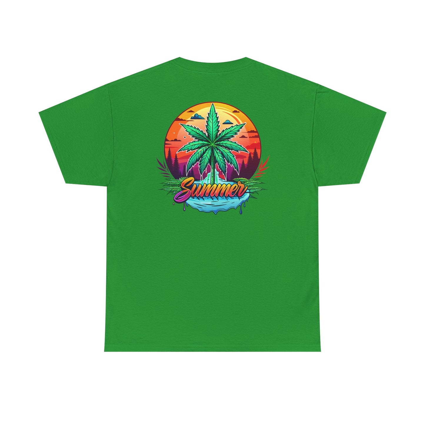 Summer Cannabis Leaf T-Shirt – Retro Tropical Sunset Tee Both