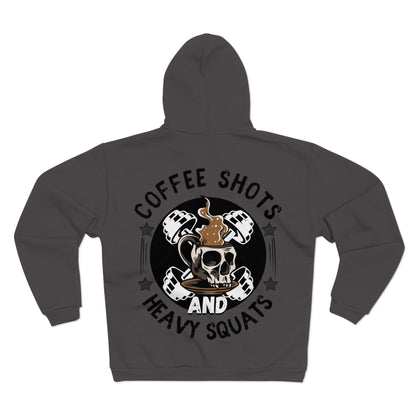 Funny Coffee and Heavy Squats Unisex Hooded Zip Sweatshirt - Perfect for Fitness Enthusiasts