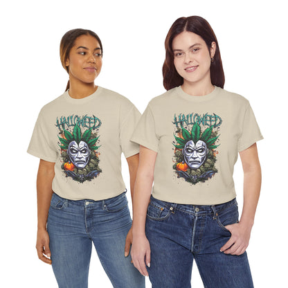 Hallowed Harvest Tee — Halloween Mask & Pumpkin Graphic T-Shirt