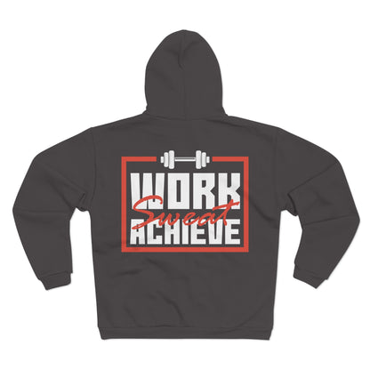 Unisex Hooded Zip Sweatshirt - "Work, Sweat, Achieve" Motivational Gym Hoodie