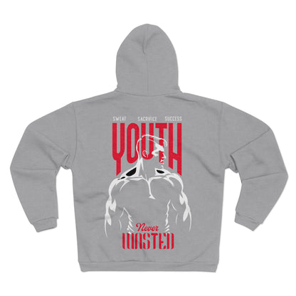 Youth Never Wasted Unisex Hooded Zip Sweatshirt - Motivational Fitness Apparel