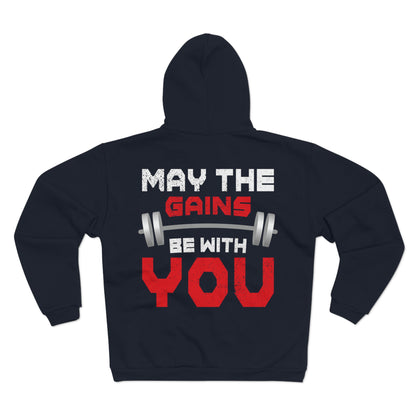 Fitness Motivation Unisex Hooded Zip Sweatshirt - 'May The Gains Be With You'