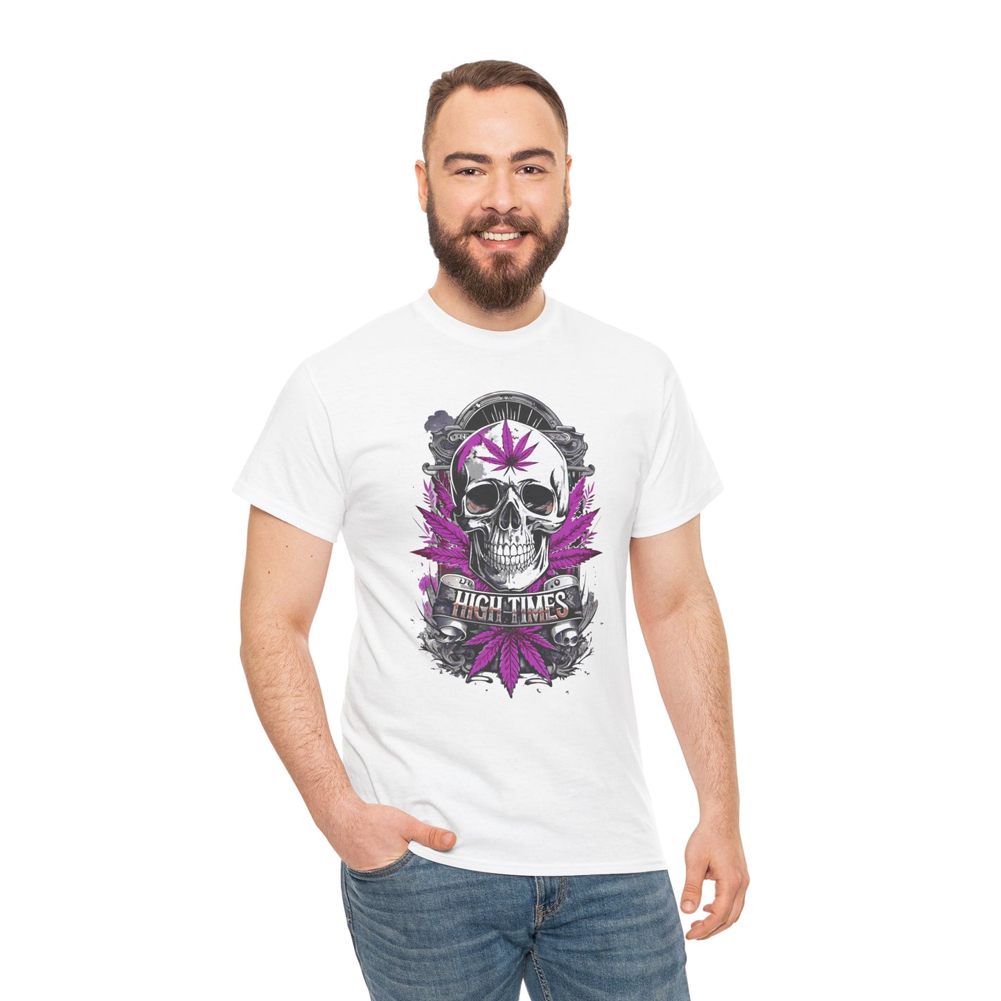 Skull & Purple Cannabis Leaf Tee - "High Times" Graphic T-Shirt Both