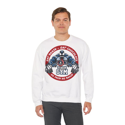 Venom Gym Unisex Heavy Blend Crewneck Sweatshirt - Eat Brain, Eat Chocolate, No Pain No Brain White