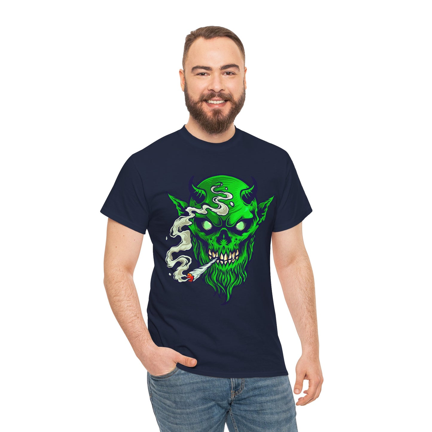 Smoking Green Demon Skull T-Shirt — Creepy Stoner Graphic Tee
