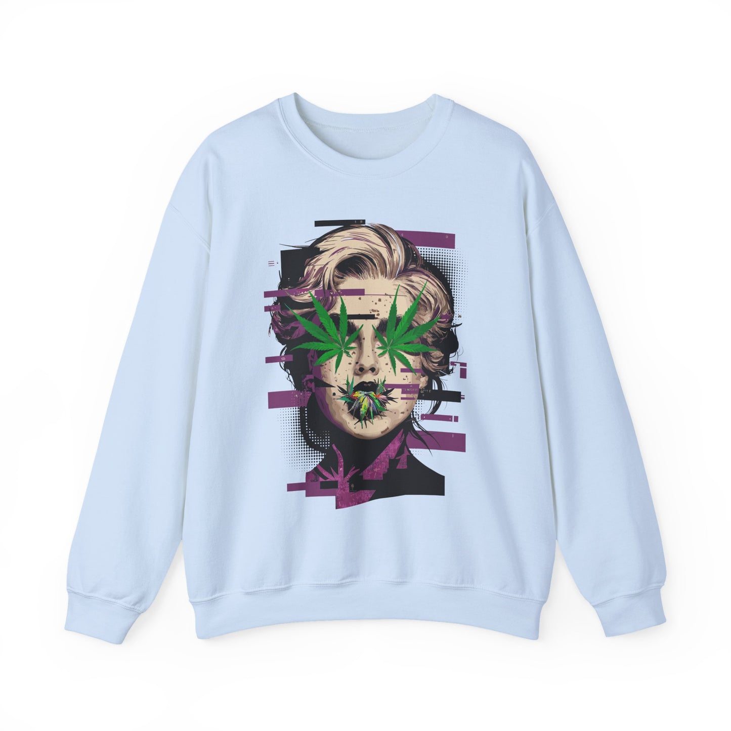 Vintage Portrait Sweatshirt — Glitch Art Face with Cannabis Leaf Mask