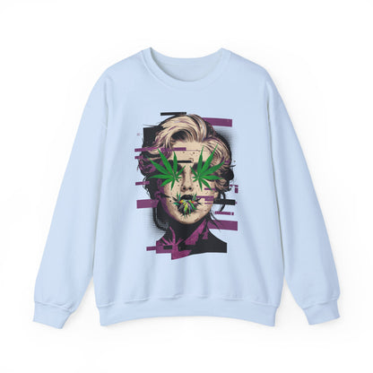 Vintage Portrait Sweatshirt — Glitch Art Face with Cannabis Leaf Mask