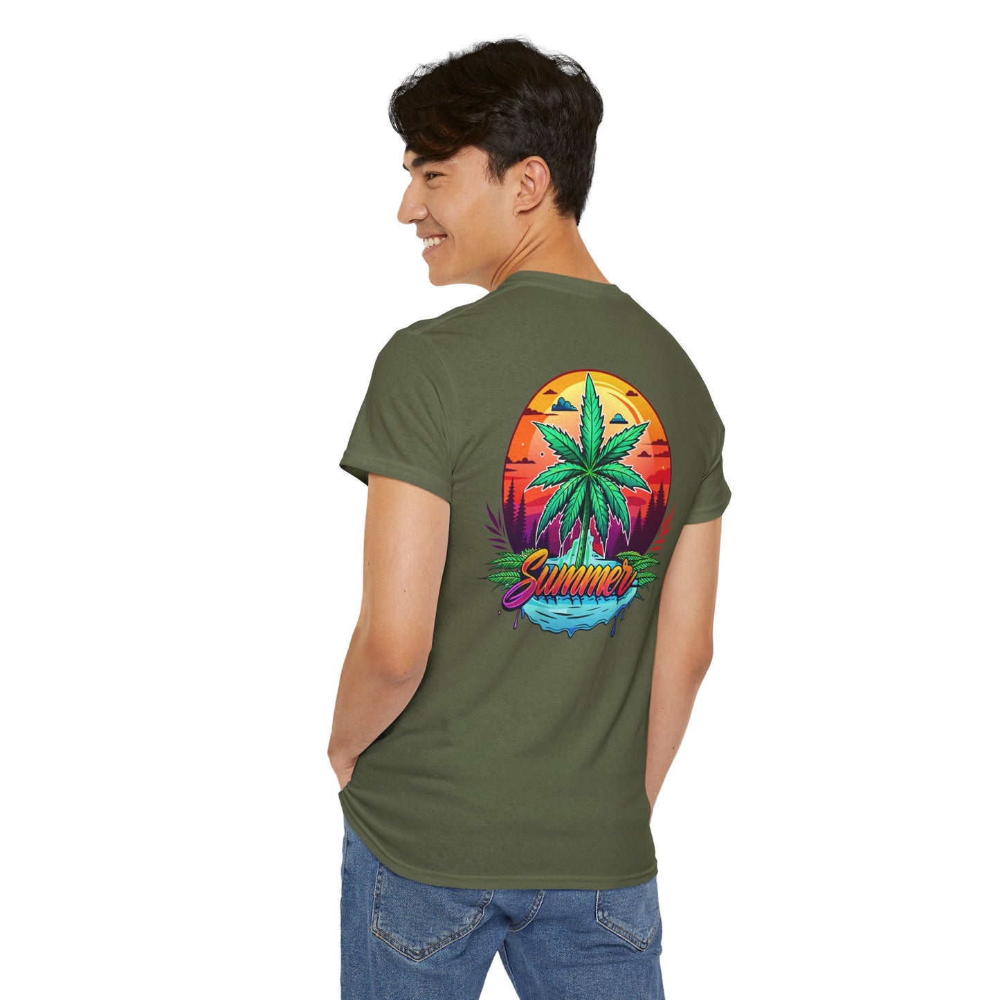 Summer Cannabis Leaf T-Shirt – Retro Tropical Sunset Tee Both