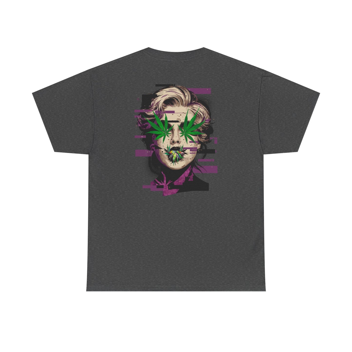 Vintage Portrait Tee — Glitch Art Face with Cannabis Leaf Mask