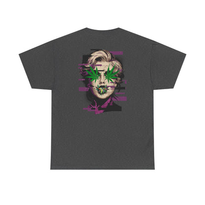 Vintage Portrait Tee — Glitch Art Face with Cannabis Leaf Mask