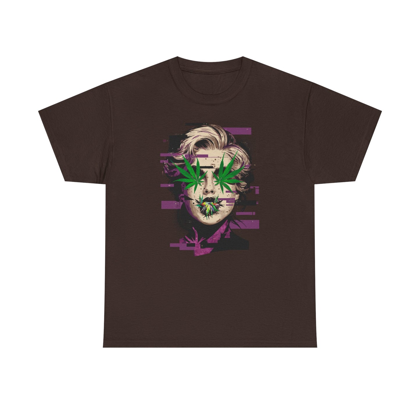 Vintage Portrait Tee — Glitch Art Face with Cannabis Leaf Mask