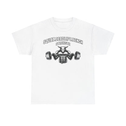 Strength Training Unisex Heavy Cotton Tee - Squat, Deadlift, Bench Design