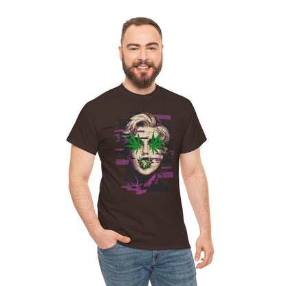 Vintage Portrait Tee — Glitch Art Face with Cannabis Leaf Mask