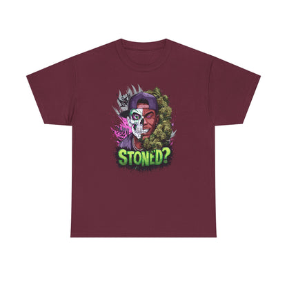 T-Shirt — 'Stoned?' Skull Face Graphic Tee for Cannabis Lovers