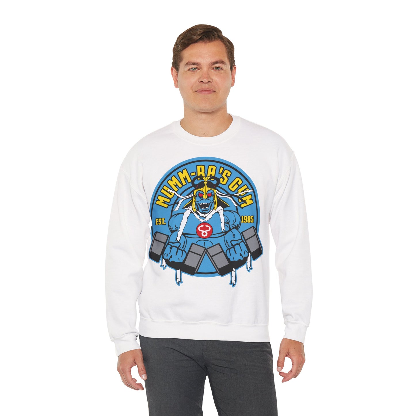 Mumm-Ra's Gym Sweatshirt - Vintage Style Unisex Crewneck for Fitness Enthusiasts White