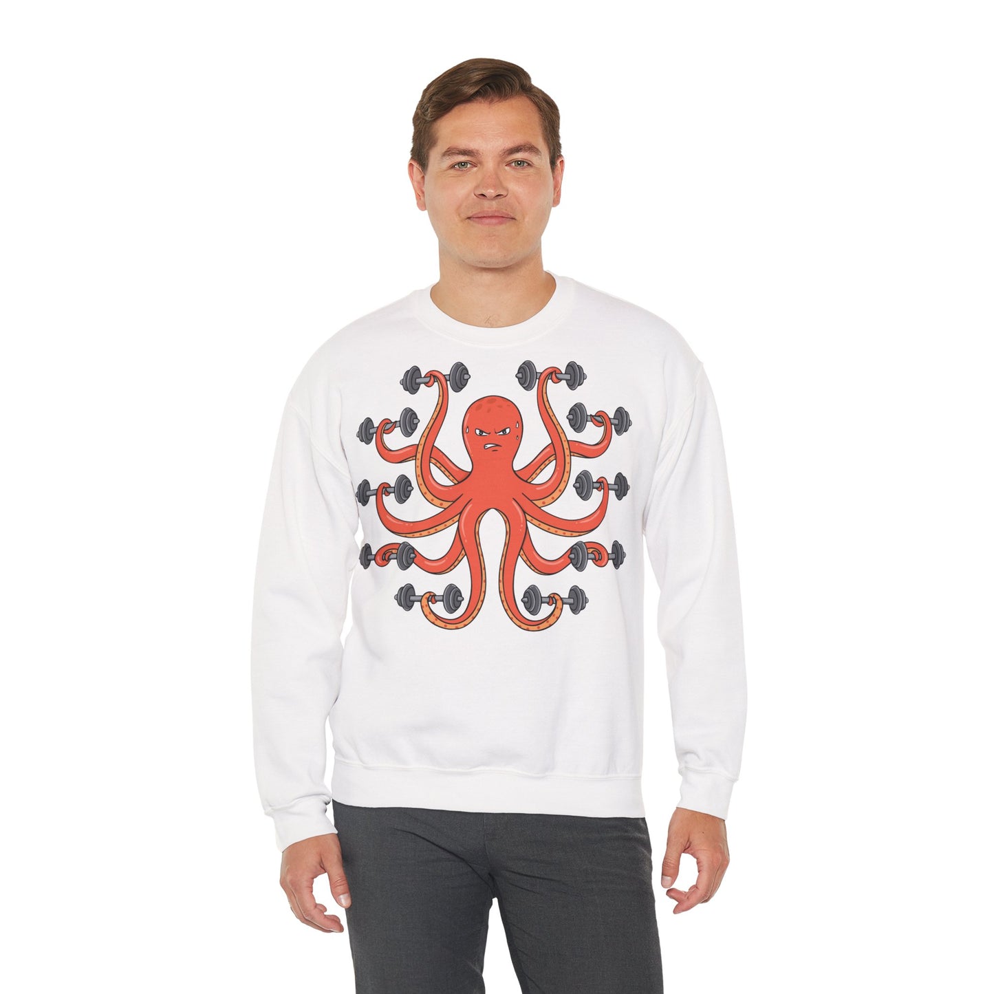 Muscle Octopus Unisex Heavy Blend™ Crewneck Sweatshirt - Fun Workout Shirt for Fitness Enthusiasts White