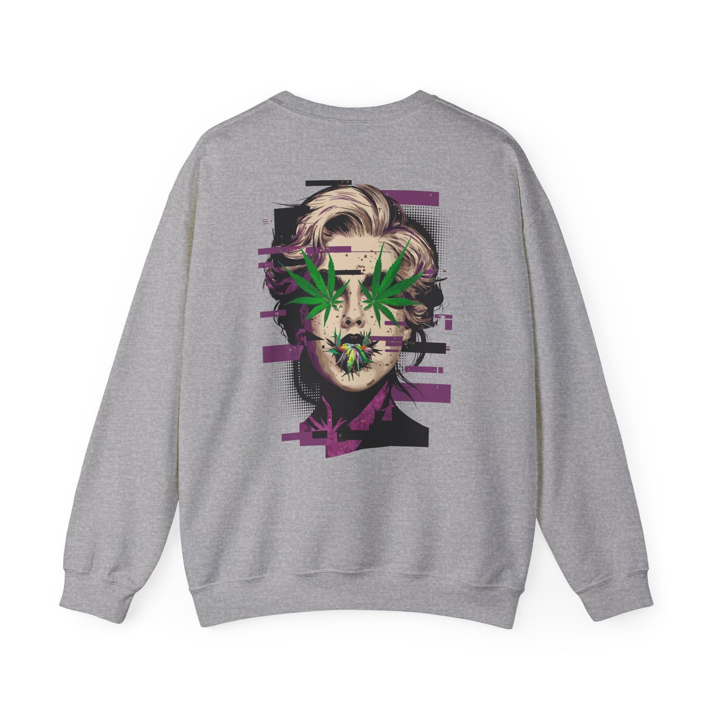 Vintage Portrait Sweatshirt — Glitch Art Face with Cannabis Leaf Mask