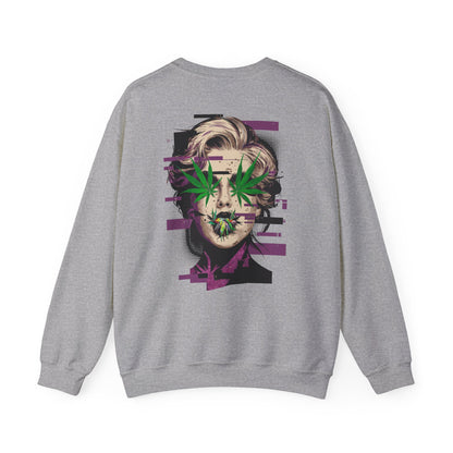 Vintage Portrait Sweatshirt — Glitch Art Face with Cannabis Leaf Mask