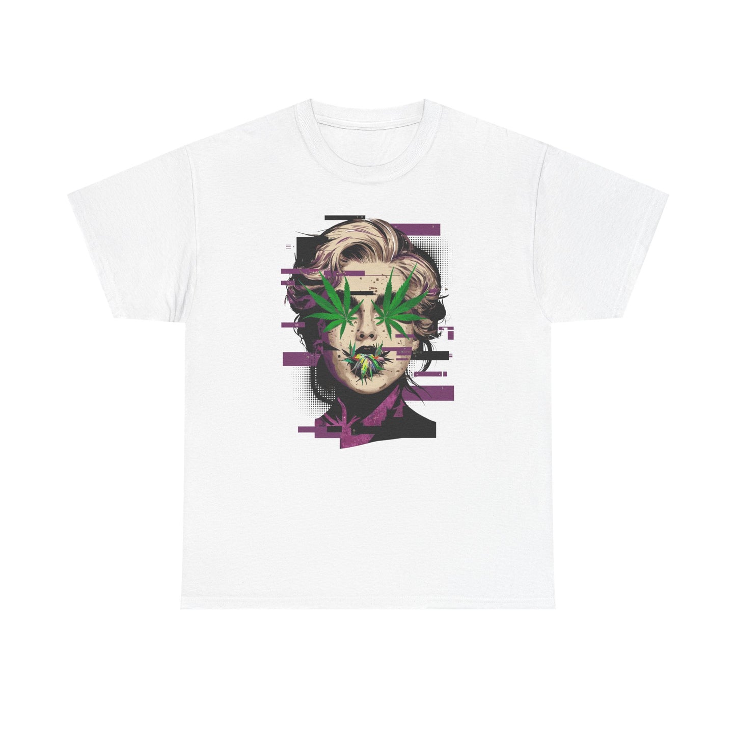 Vintage Portrait Tee — Glitch Art Face with Cannabis Leaf Mask