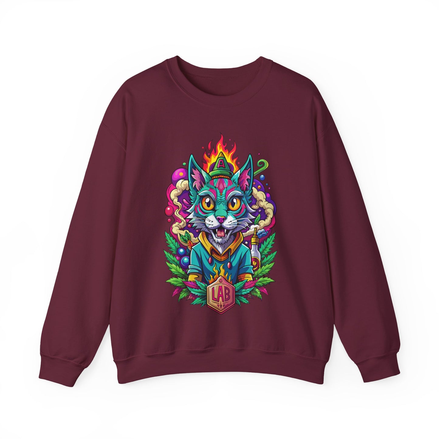 Psychedelic Flame Cat Graphic Sweatshirt — Colorful Trippy Cat Design