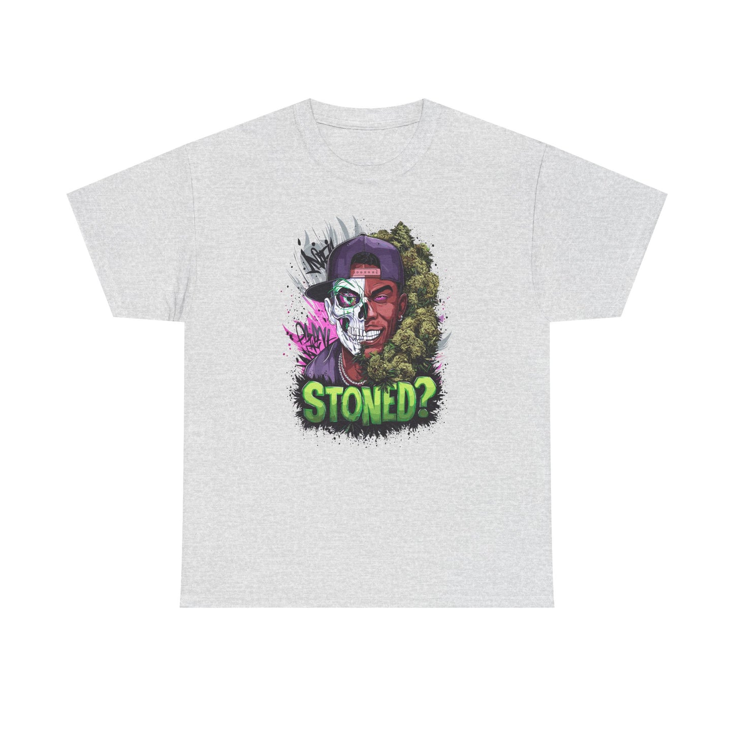 T-Shirt — 'Stoned?' Skull Face Graphic Tee for Cannabis Lovers