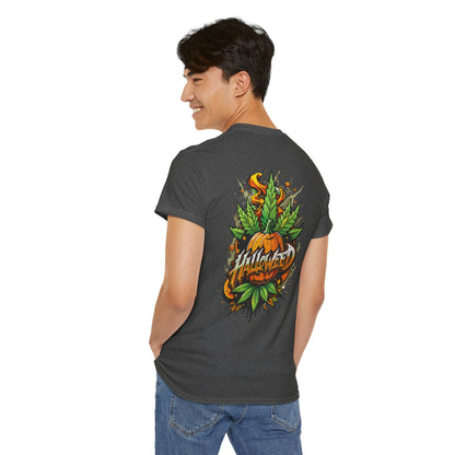 Hallowed Harvest Tee — Halloween Mask & Pumpkin Graphic T-Shirt