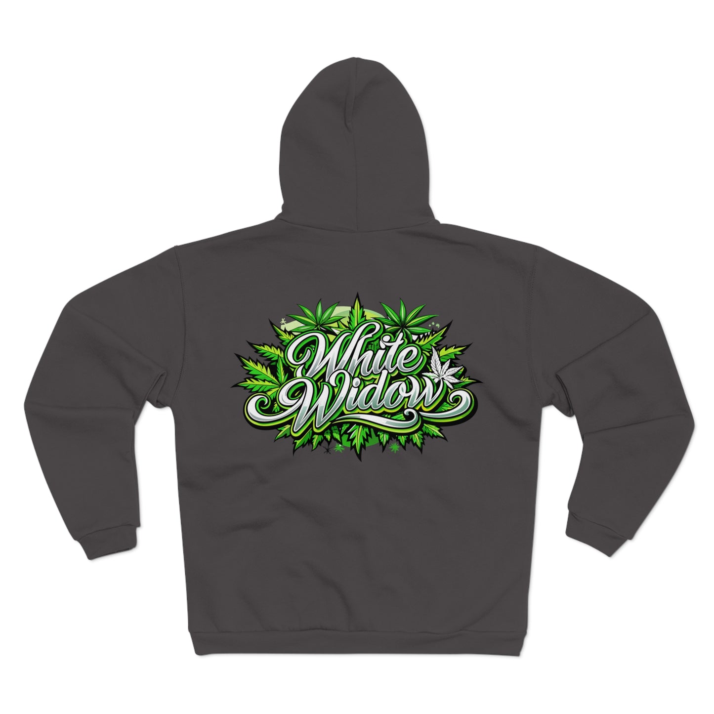 White Widow Graphic Zip Hoodie — Cannabis Leaf Logo Zip Hoodie