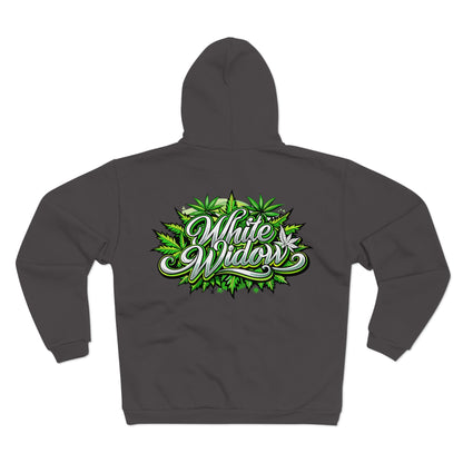 White Widow Graphic Zip Hoodie — Cannabis Leaf Logo Zip Hoodie