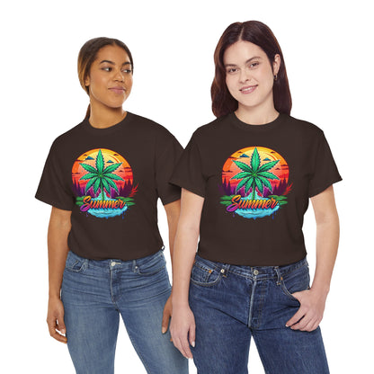 Summer Cannabis Leaf T-Shirt – Retro Tropical Sunset Tee Both