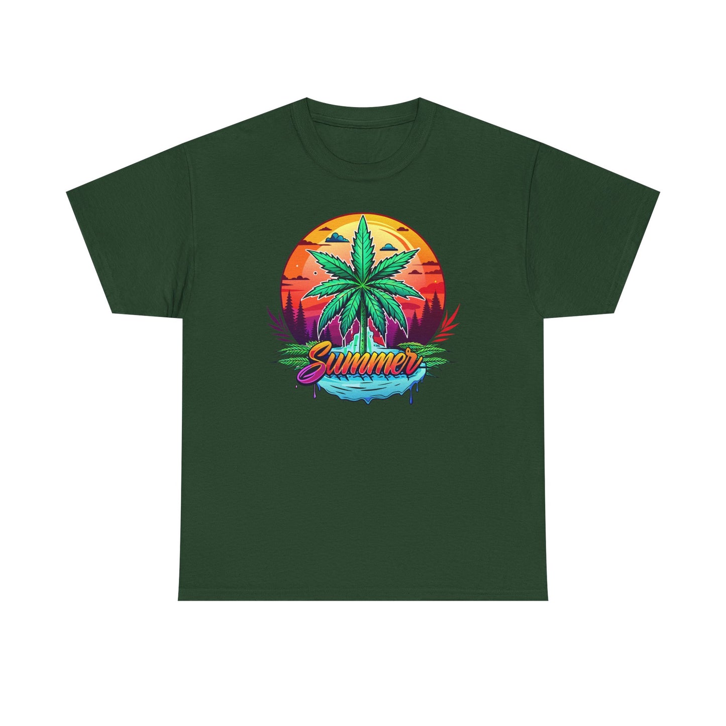 Summer Cannabis Leaf T-Shirt – Retro Tropical Sunset Tee Both