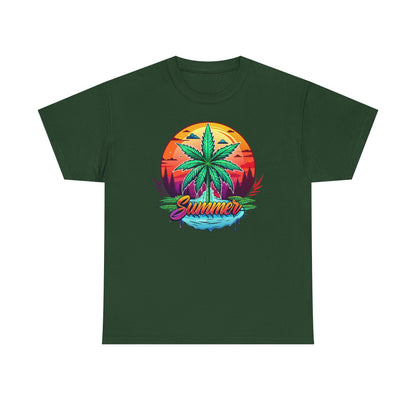 Summer Cannabis Leaf T-Shirt – Retro Tropical Sunset Tee Both