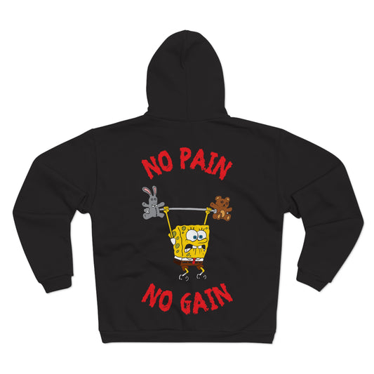 No Pain No Gain Unisex Hooded Zip Sweatshirt | Fun SpongeBob Design for Fitness Lovers