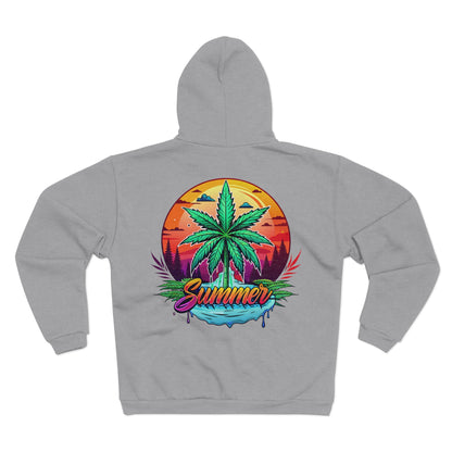 Summer Cannabis Leaf Zip Hoodie – Retro Tropical Sunset