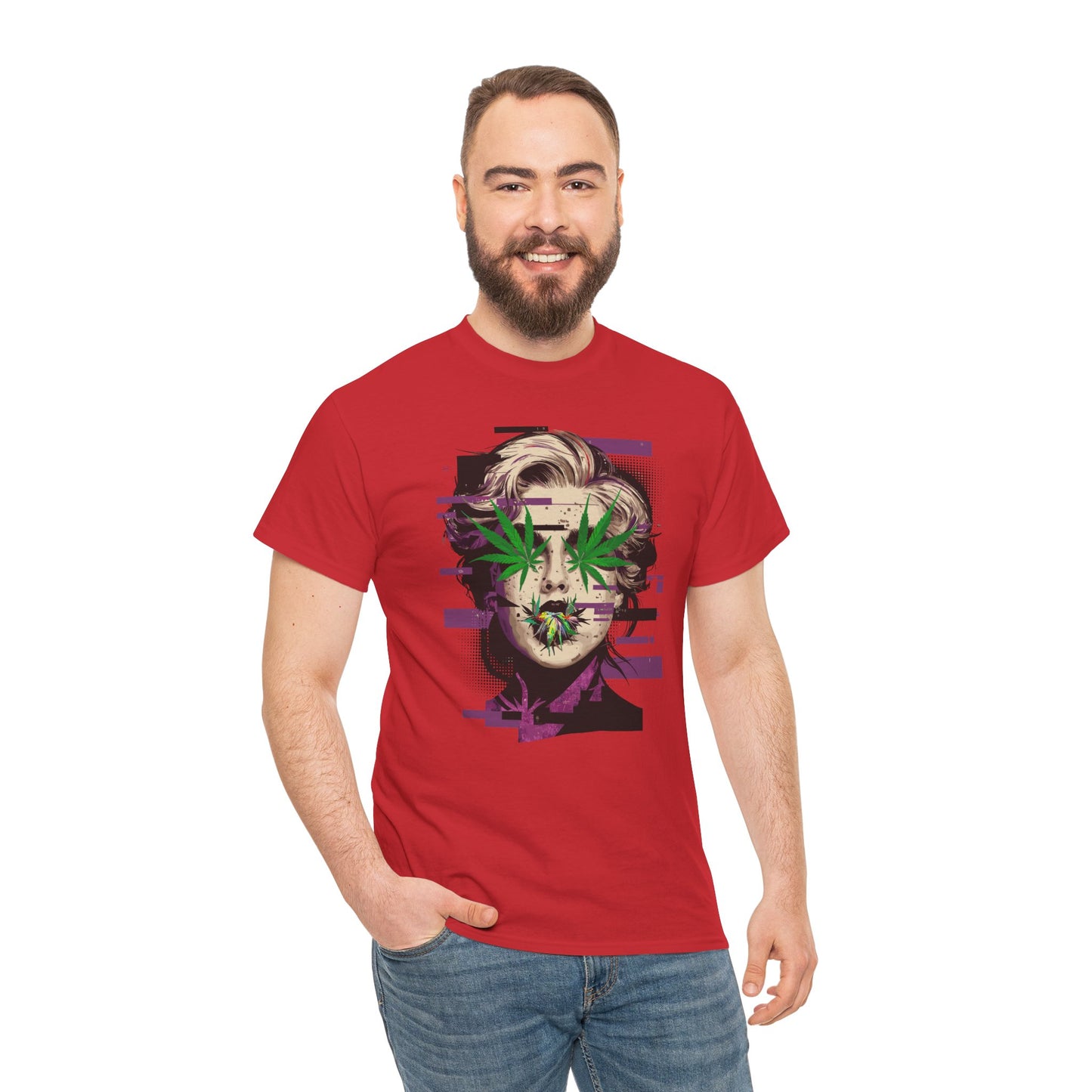 Vintage Portrait Tee — Glitch Art Face with Cannabis Leaf Mask