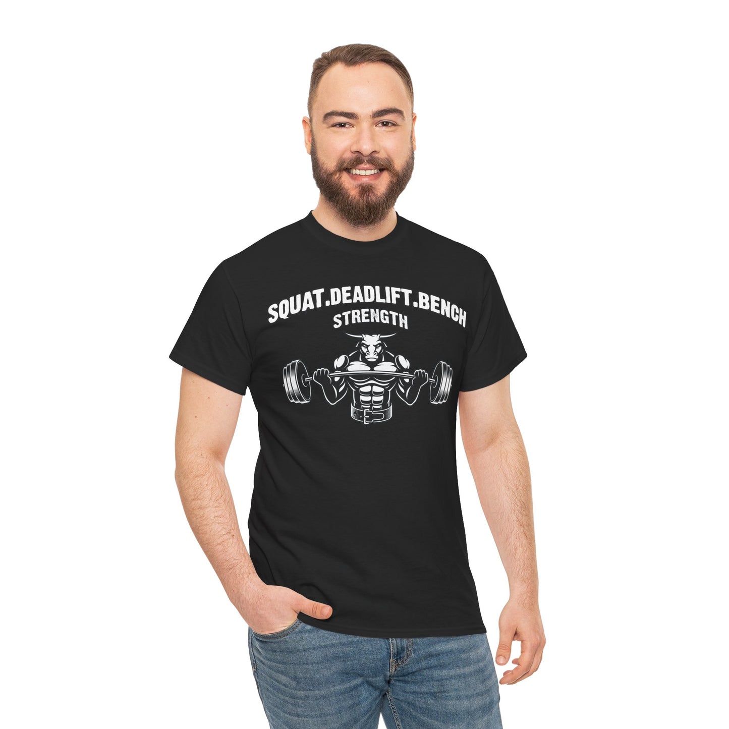 Strength Training Unisex Heavy Cotton Tee - Squat, Deadlift, Bench Design