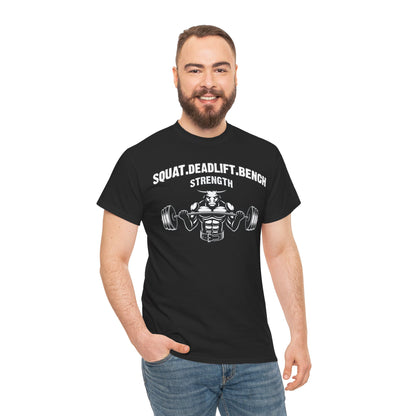 Strength Training Unisex Heavy Cotton Tee - Squat, Deadlift, Bench Design